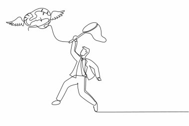 Tek sıra halinde uçan beyni kelebek ağıyla yakalamaya çalışan işadamı. Beyin sağlığı için dahice bir fikir. Felsefe metaforu. Bir çizgi çizimi grafik tasarım vektör çizimi