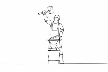 Sakallı nalbant çizerek örse küçük bir kılıç saplıyor. Önlüklü genç demirci kızgın demirle sıkı çalışıyor. Tek çizgi çizimi tasarım vektörü grafik çizimi