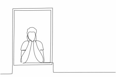 Tek sıra halinde oturan adam pencerenin yanında çenesini destekliyor. Coronavirüs iş hayatında, ekonomik durgunlukta, salgında etkili. Aralıksız çizgi çizimi tasarım grafik vektör çizimi