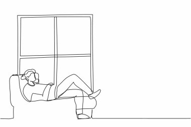 Tek sıra halinde, evdeki pencere eşiğinde genç bir adam yatıyor. Erkek pencerenin yanındaki odada dinleniyor. Evde vakit geçirmek, işten sonra dinlenmek, okumak. Aralıksız çizgi grafik tasarım vektörü çizimi