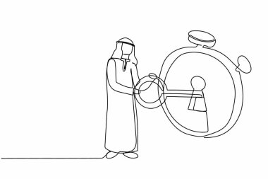 Arap işadamının kronometreye büyük bir anahtar koyması. Ofis çalışanı işi garantiye aldı. Verimli çalışma için etkili bir planlama. Bir çizgi grafik tasarım vektör çizimi