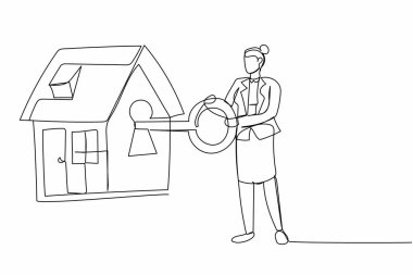 Tek satırlık bir çizim, iş kadını anahtarı eve koydu. İşçi gayrimenkule yatırım yapıyor. Konut kredisi, ipotek. Bankacıyım. Devamlı çizgi tasarımı grafik vektör illüstrasyonu