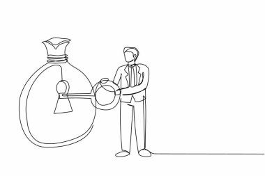 Tek sıra halinde iş adamı para çantasına büyük anahtar koyuyor. Finansal açıdan önemli bir başarı, yatırım için güvenli bir sığınak ya da para yönetimi için bir refah yöneticisi. Devamlı çizgi çizimi tasarım vektörü illüstrasyonu