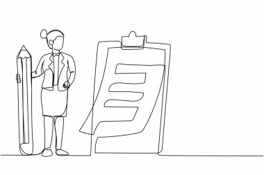 Tek satır halinde, elinde büyük kalemle panodaki tamamlanmış listeye bakan bir iş kadını çiziyor. Başarılı tamamlama hedefleri. Aralıksız çizgi çizimi tasarım grafik vektör çizimi