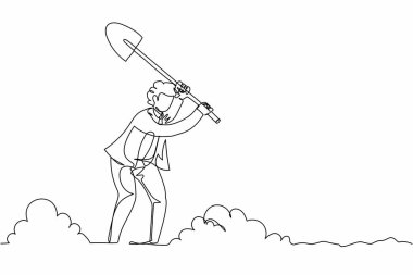 Tek sıra halinde kürekle toprağı kazan aktif bir işadamı. Ofis çalışanı kürekli toprağı kazıyor. Hazine kazma, büyüme zenginliği konsepti. Devamlı çizgi çizimi tasarım vektörü illüstrasyonu