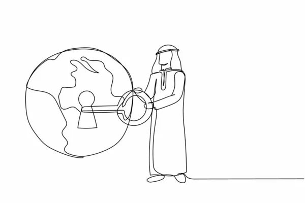 継続的な1つのラインは 世界に大きな鍵を置くアラビアのビジネスマンを描きます 世界中の人々のための地球温暖化警報 セキュリティとデータの安全性 シングルライングラフィックデザインベクトルイラスト — ストックベクタ