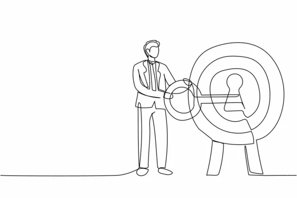 Jednoduchá Souvislá Čára Kreslení Podnikatel Uvedení Velký Klíč Terče Bullseye — Stockový vektor