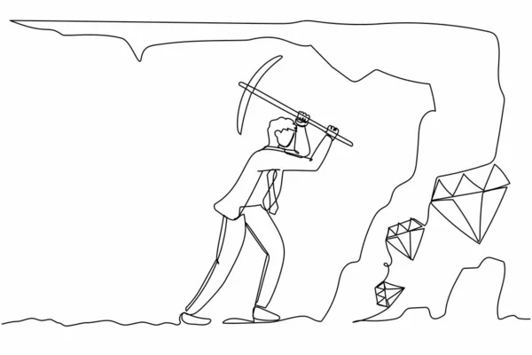 单行画活跃的商人用凿子挖钻石 在地下隧道中挖掘和开采钻石矿的工人 连续线条绘图设计图形矢量插图 — 图库矢量图片