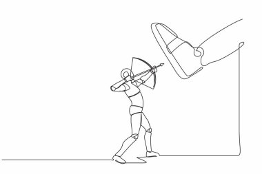 Devamlı çizgiler çizerek dev ayakkabılara robot yayı doğrultuyor. Robot okçuluğu dev adımlara karşı. Robot yapay zeka. Bir çizgi çizimi grafik tasarım vektör çizimi