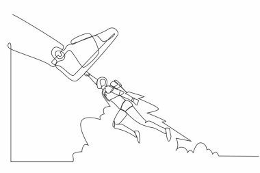 Devamlı tek sıra halinde uçan robotu çizerek dev ayakkabıların üzerinde tepiniyor. Robot dev ayak basamaklarına doğru uçuyor. Robot yapay zeka. Bir çizgi çizimi tasarım vektörü illüstrasyonu