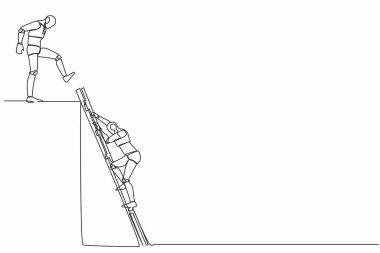 Devamlı tekmeleyen robot tekmesi rakibinin en üst basamaktan düşmesini sağlıyor. İnsansı sibernetik organizma. Geleceğin robotik gelişimi. Tek çizgi çizimi tasarım vektör çizimi