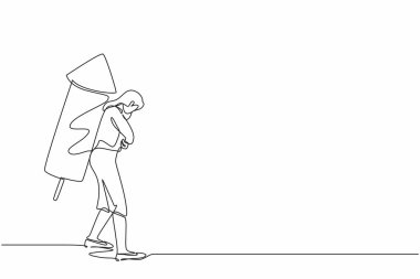 Tek sıra halinde iş kadını sırtına bağlı büyük bir havai fişek roketini ateşliyor. Ofis çalışanı kariyer yolunda iş avantajını hazırlar. Bir çizgi çizimi grafik tasarım vektör çizimi