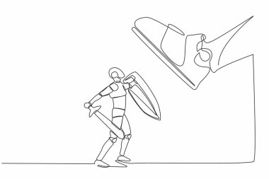 Tek sıra robot dövüşü kalkanla ve kılıçla dev ayağa. Robot, patrona karşı büyük ayakkabı tekmesi. Geleceğin teknoloji gelişimi. Aralıksız çizgi çizimi tasarım grafik vektör çizimi