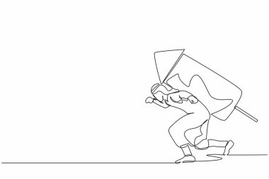 Sırtında roketle Arap işadamını çeken tek sıra iş yarışı için hazırdır. Çalışanlar havai fişekleri ateşlemeye hazır olun. Bir çizgi tasarımı vektör illüstrasyonu