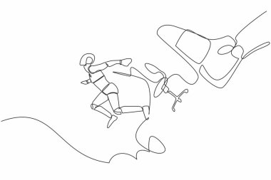 Devamlı bir çizgi, koca ayak tarafından kovulan küçük robotu çekiyor. Robot dev ayaklarla sandalyeden tekmelendi. İnsansı robot sibernetik organizma. Tek çizgi çizimi tasarım vektörü grafik çizimi