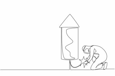 Tek sıra halinde Arap işadamı havai fişek fırlatıyor. İş büyütmek, yatırım kârını artırmak veya kazanmak, büyümeyi artırmak veya ekonomik patlama. Devamlı çizgi çizimi tasarım vektörü illüstrasyonu