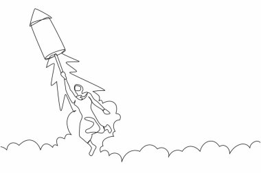 Arap iş kadını havai fişeklerle uçuyor ve iş fırsatları arıyor. Motivasyonlu ofis çalışanı proje açılışına hazırlan. Bir çizgi tasarımı vektör illüstrasyonu