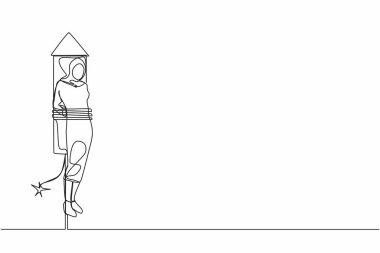 Sürekli olarak, Arap iş kadınının kovulmasını ve rokete bağlanmasını çekiyor. Endişeli ve korkmuş hissediyor. Felaketin yaklaşma korkusu. Kariyer başarısızlığı. Tek çizgi tasarım vektör çizimi