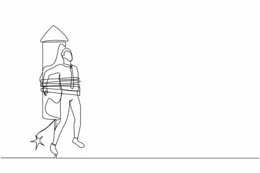 Sürekli bir çizgi halinde işadamı rokete bağlanıyor, endişeli ve korkmuş hissediyor. Felaketin yaklaşma korkusu. Kariyer başarısızlığı konsepti. Tek çizgi tasarım vektör grafik çizimi