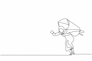 Sırtında roketi olan Arap iş kadınını tek sıra halinde başlangıç yarışına hazırlıyor. Yarışmayı kazanmak için hızlı iş yapma yeteneği. Bir çizgi çizimi tasarım vektörü illüstrasyonu