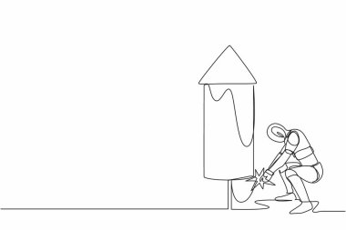 Tek sıra halinde robot havai fişek fırlatıyor. Teknoloji sektörünü büyütmek, yatırım kazancını arttırmak. Yapay zeka makinesi öğrenmesi. Devamlı çizgi çizimi tasarım vektörü illüstrasyonu