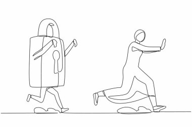 Sürekli bir hat Arap iş kadınının asma kilit tarafından takip edilmesine neden oluyor. Ofis güvenliği ya da iş korumasından korkan kadın yönetici. Tek çizgi çizimi tasarım vektörü grafik çizimi