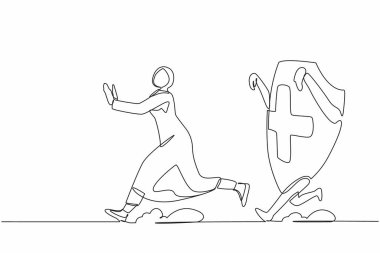 Aralıksız bir sıra Arap iş kadınının kalkan tarafından kovalanmasına neden oluyor. Kadın çalışan, sağlık sigortasının artmasından korkuyor. Tek çizgi tasarım vektör grafik çizimi