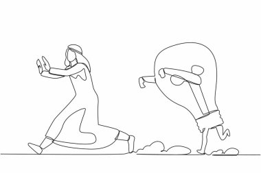 Mutsuz Arap işadamlarının ampuller tarafından kovalanmasını sağlayan tek sıra. Yeni iş fikrini, ilhamı, yeniliği kaybetmek. Minimalizm benzetmesi. Bir çizgi grafik tasarım vektör çizimi