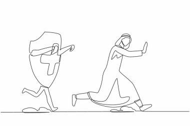 Tek sıra halinde, mutsuz bir Arap işadamının kalkan tarafından kovalanması. Ekonomik sigorta zorluğu. Pahalı sağlık bütçesi. Minimum metafor. Devamlı çizgi çizimi tasarım vektörü illüstrasyonu