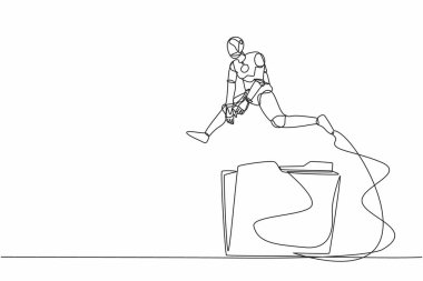 Büyük klasör simgesinin üzerinden atlayan robot çizimi. Kullanıcı veri arşivi. Ofis belgeleri, dosya klasörleri. Geleceğin teknoloji gelişimi. Devamlı çizgi tasarımı grafik vektör illüstrasyonu