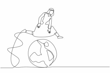 Sürekli bir çizgi halinde, Arap işadamları dünyanın üzerinde zıplıyorlar. Küreselleşme zirvesi. Liderlik toplantısı forumu. Uluslararası ortaklık, işbirliği. Tek çizgi tasarım vektör grafik çizimi