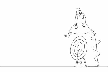 Sürekli bir çizgi halinde Arap işadamı büyük okçuluk hedefine atlıyor. İş hedefinde doğruluk. Motivasyon çok çalışıyor. Kariyerinde ilerlemek. Tek çizgi tasarım vektör çizimi