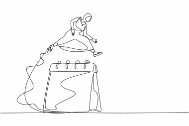 Büyük takvimin üzerinden atlayan bir Arap iş kadını çiziyor. Yönetici planlama ay çalışması masa takviminde. İşçi randevusu ayarlama hatırlatması. Tek çizgi çizimi tasarım vektör çizimi