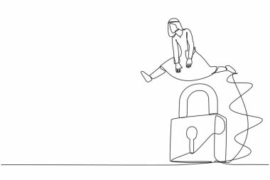 Tek sıra halinde büyük kilidin üzerinden atlayan Arap işadamı. İş fırsatları sırrının kilidini aç. İş sorununu çözer, profesyonel çözümler üretir. Bir çizgi grafik tasarım vektör çizimi