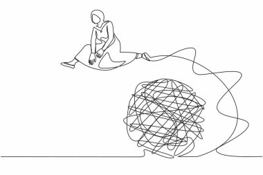 Aralıksız bir çizgi çizerek Arap iş kadınlarını birbirine dolanmış karalamaların üzerinden atlıyor. Çözüm, karmaşık bir sorun arıyor. Problemin karmaşıklığının üstesinden gelmek. Tek çizgi tasarım vektör grafik çizimi
