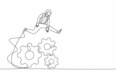 Devamlı bir çizgi halinde iş kadını büyük viteslerin üzerinden atlıyor. Ticari yenilik geliştiren kadın girişimci. Operasyon yönetim sistemi. Tek çizgi çizimi tasarım vektörü grafik çizimi