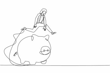 Tek sıra halinde domuz kumbarasının üzerinden atlayan bir iş kadını. Para depolama güvencesi, yatırım için tasarruf. Finansal planlama yönetimi. Aralıksız çizgi çizimi tasarım grafik vektör çizimi