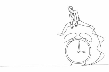 Zeki ve mutlu iş adamını çeken tek sıra çalar saatin üzerinden atlıyor. İş teslim tarihi ya da çalışma süresi verimliliği kavramı. Bir çizgi çizimi grafik tasarım vektör çizimi