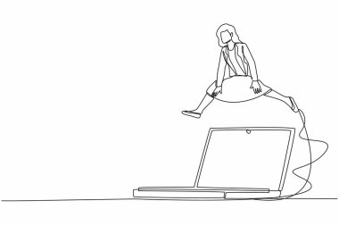 Devamlı bir çizgi halinde iş kadını büyük bir dizüstü bilgisayarın üzerinden atlıyor. Ofis sistemi bilgi teknolojisi dijital. Verimlilik için veri hesaplaması. Tek çizgi tasarım vektör çizimi