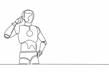 Kafasını çevirip bir şeyler düşünen tek bir robot çiziyor. İyimser ve öngörülü hissediyorum. Geleceğin teknoloji gelişimi. Aralıksız çizgi çizimi tasarım grafik vektör çizimi