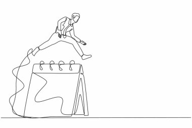 Tek sıra halinde iş adamı büyük takvimin üzerinden atlıyor. Yönetici müdürü personel toplantısı ayarlıyor, masa takviminde bir aylık çalışma planlıyor. Bir çizgi çizimi grafik tasarım vektör çizimi