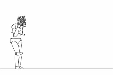 Kafası yerine yuvarlak karalamalarla robot çizen tek çizgi. Sorunlu robot el ele, fazla mesai ya da son teslim tarihi, baş ağrısı çekiyor. Geleceğin teknolojisi. Bir çizgi tasarımı vektör illüstrasyonu