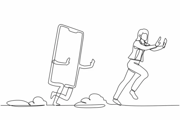 Jedna Čára Kreslí Vyděšenou Podnikatelku Kterou Honí Smartphone Manažerka Odmítá — Stockový vektor