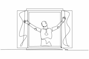 Pencereden dışarı bakan mutlu robotu çizen tek çizgi yeni bir gün ile karşılaşıyor temiz hava soluyor. Robot yapay zekası. Elektronik teknoloji endüstrisi. Devamlı çizgi çizimi tasarım vektörü illüstrasyonu