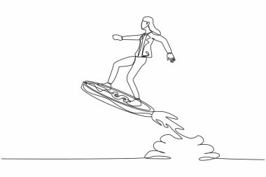 Devamlı bir çizgi halinde para roketine binen iş kadını gökyüzünde uçuyor. Geliri artırmak için finansal planlama, başarıya ulaşmak için iş fırsatı. Tek çizgi çizimi tasarım vektör çizimi