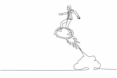 Gökyüzünde uçan kalkan roketine binen iş kadını çizmeye devam ediyor. Ekonomik büyüme kavramını korumak için iş güvenliği ivmesi. Tek çizgi çizimi tasarım vektörü grafik çizimi