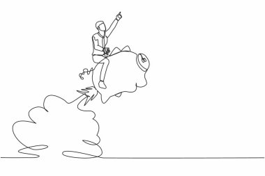 Devamlı bir çizgi halinde işadamı kumbara roketine binip gökyüzünde uçuyor. Para tasarrufu konsepti, ekonomik krizden mali planlama. Tek çizgi çizimi tasarım vektörü grafik çizimi