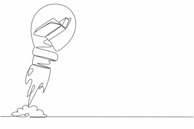 Tek sıra halinde açık bir kitap çizerek ampulle fırlatılıyor. Güç logosunu okuyup öğreniyorum. Hayal gücü, ilham, fantezi. Okul mezuniyeti. Bir çizgi grafik tasarım vektör çizimi