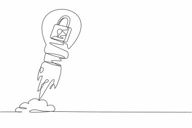 Ampulle sürekli olarak asma kilit fırlatılıyor. Piyasa rekabetinde iş koruması. Güvenlik projesi konseptini başlatma liderliği. Tek çizgi tasarım vektör grafik çizimi