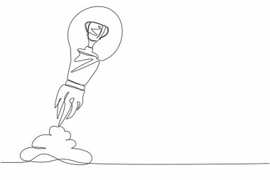 Ampulle fırlatılan kupanın aralıksız tek çizgisi. Yarışmayı kazanmak için iş kurma fikri. Başarı ve hedefleri artırma kavramı. Bir çizgi çizimi grafik tasarım vektör çizimi